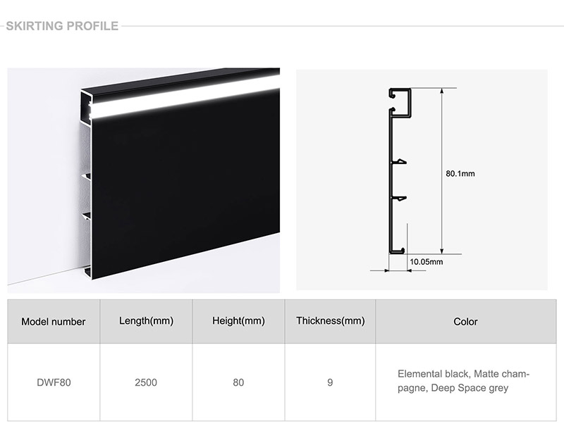 Rodapi&eacute; de aleaci&oacute;n de aluminio LED de 80*9 mm