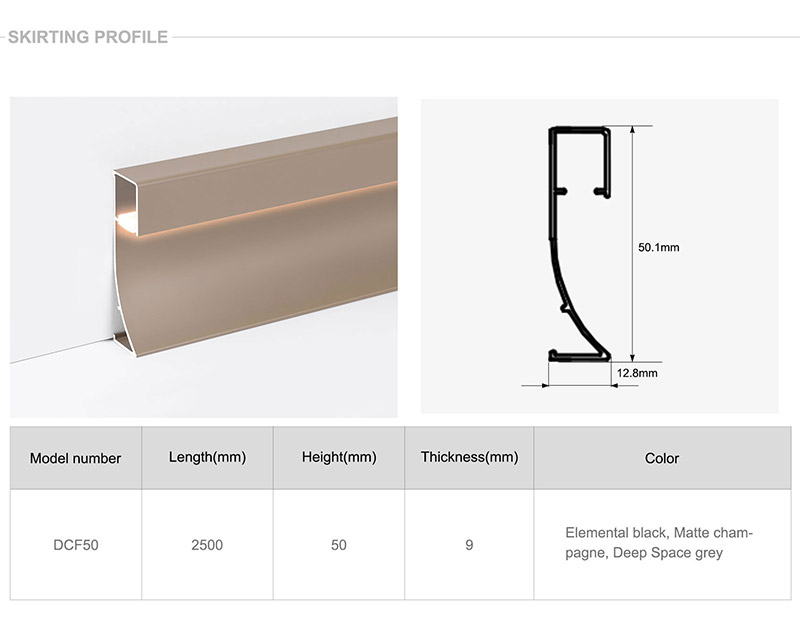 Rodapi&eacute; de aluminio LED de 50*9 mm