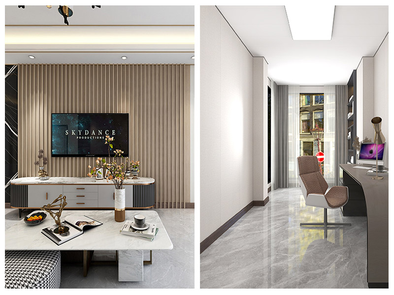 ¿Cómo se combinan los paneles de pared y los zócalos de PVC en un estilo minimalista moderno?