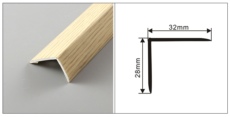 Tiras de bordes de esquina de piso de madera maciza de PVC en forma de L de 32 * 28 mm